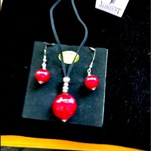 Murano glass necklace and earring , suede chain.